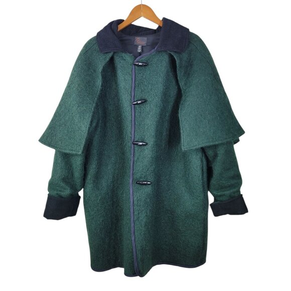 Vintage 100% Wool Coat Cloak Removable Cape XL 1X 2X Plus Green Corduroy Winter - Picture 1 of 9